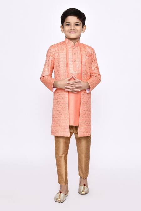 Buy_Petite Pomme_Orange Silk Sequins, Embroidery Thread Work Sherwani And Pyjama Set _Online_at_Aza_Fashions