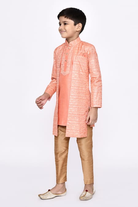 Petite Pomme_Orange Silk Sequins, Embroidery Thread Work Sherwani And Pyjama Set _at_Aza_Fashions