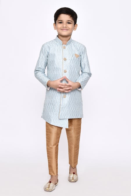 Buy_Petite Pomme_Blue Silk Sequins, Embroidery Thread Sherwani And Pyjama Set _Online_at_Aza_Fashions