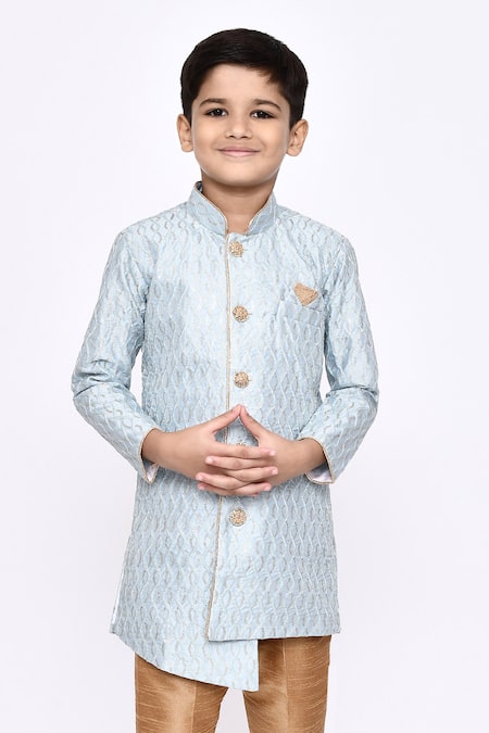 Shop_Petite Pomme_Blue Silk Sequins, Embroidery Thread Sherwani And Pyjama Set _Online_at_Aza_Fashions