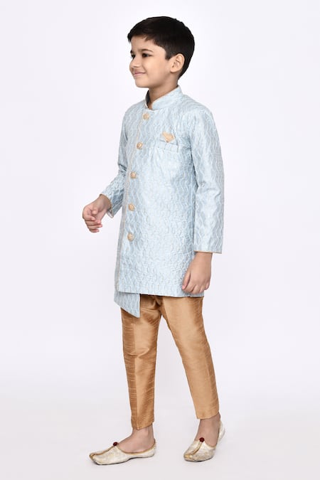 Petite Pomme_Blue Silk Sequins, Embroidery Thread Sherwani And Pyjama Set _at_Aza_Fashions