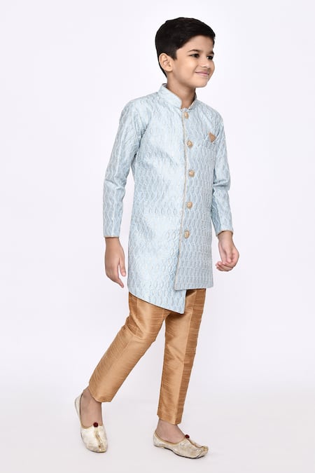 Buy_Petite Pomme_Blue Silk Sequins, Embroidery Thread Sherwani And Pyjama Set 