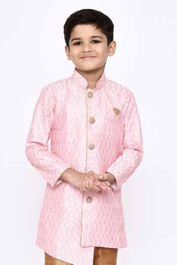 Shop_Petite Pomme_Pink Silk Sequins, Embroidery Sherwani And Pyjama Set _Online_at_Aza_Fashions
