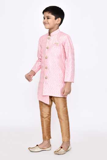 Petite Pomme_Pink Silk Sequins, Embroidery Sherwani And Pyjama Set _at_Aza_Fashions