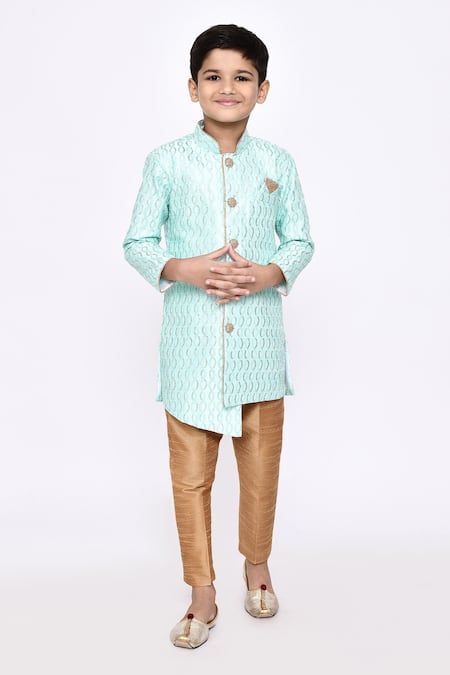 Buy_Petite Pomme_Green Silk, Denim Sequins And Thread Work Sherwani & Pyjama Set _Online_at_Aza_Fashions