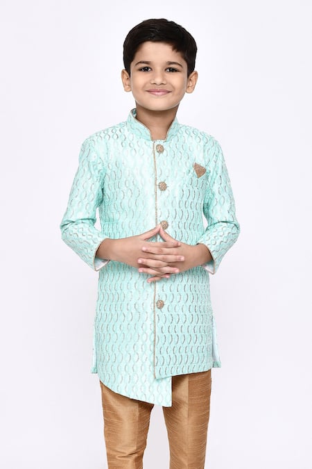 Shop_Petite Pomme_Green Silk, Denim Sequins And Thread Work Sherwani & Pyjama Set _Online_at_Aza_Fashions