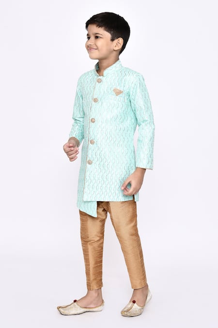 Petite Pomme_Green Silk, Denim Sequins And Thread Work Sherwani & Pyjama Set _at_Aza_Fashions