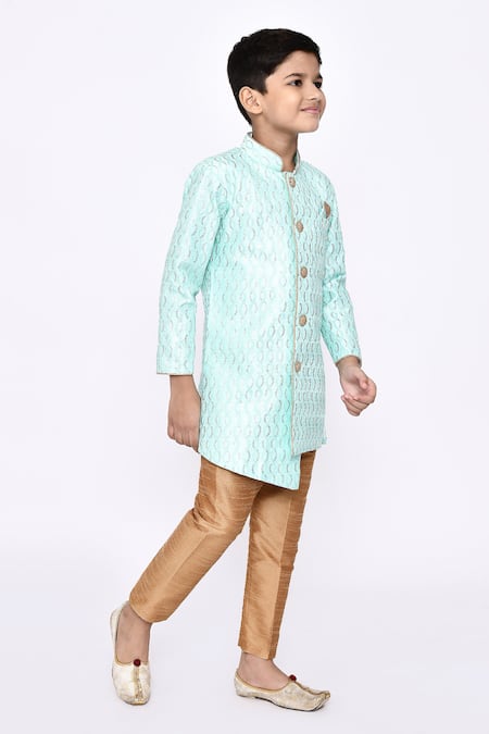 Buy_Petite Pomme_Green Silk, Denim Sequins And Thread Work Sherwani & Pyjama Set 
