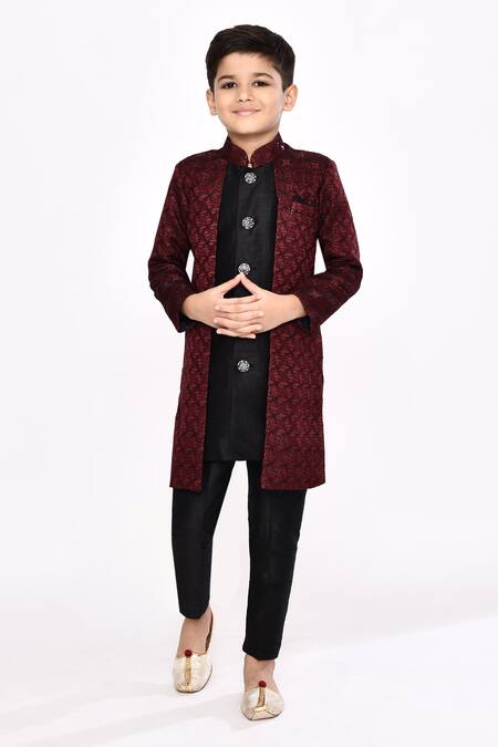 Buy_Petite Pomme_Maroon Brocade, Silk Sequins, Embroidery Jacket Sherwani And Pyjama Set _Online_at_Aza_Fashions