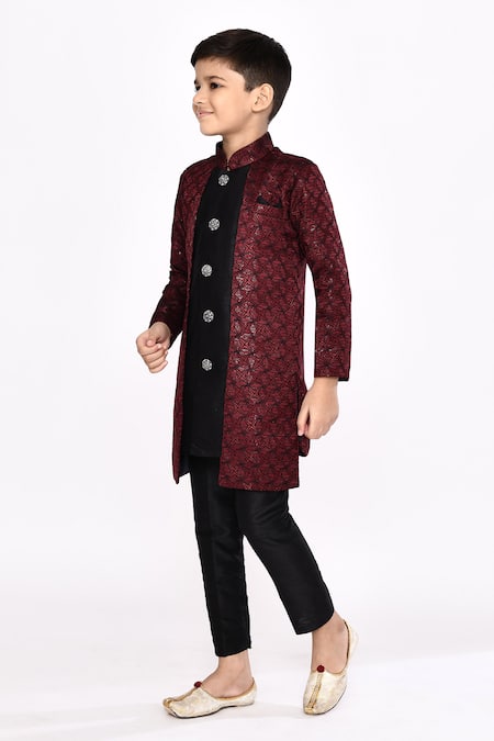 Petite Pomme_Maroon Brocade, Silk Sequins, Embroidery Jacket Sherwani And Pyjama Set _at_Aza_Fashions