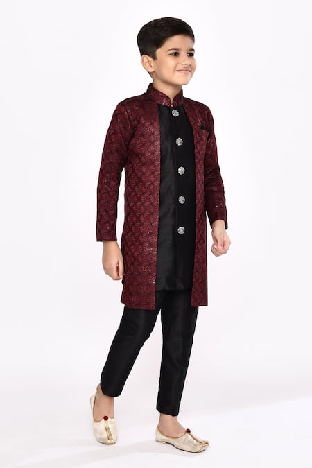 Buy_Petite Pomme_Maroon Brocade, Silk Sequins, Embroidery Jacket Sherwani And Pyjama Set 