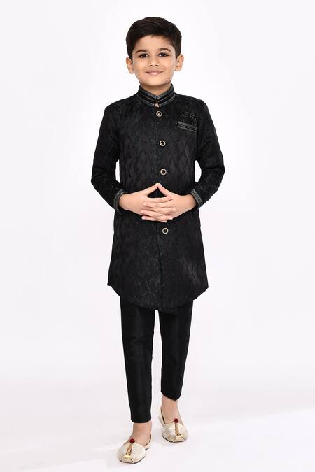 Buy_Petite Pomme_Black Silk, Jacquard Embroidery Zari Work Sherwani And Pyjama Set _Online_at_Aza_Fashions