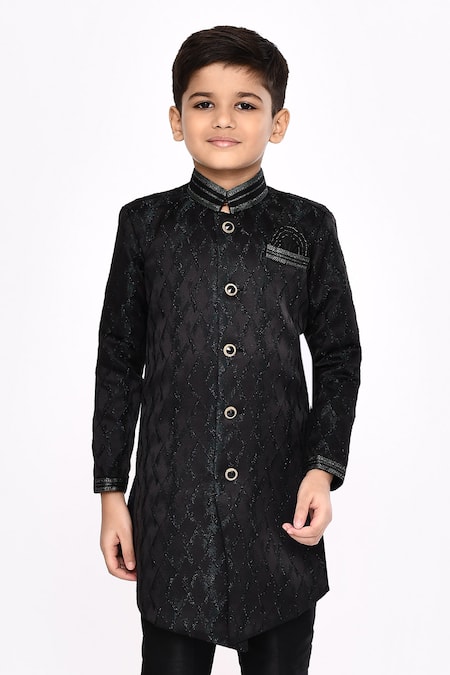 Shop_Petite Pomme_Black Silk, Jacquard Embroidery Zari Work Sherwani And Pyjama Set _Online_at_Aza_Fashions