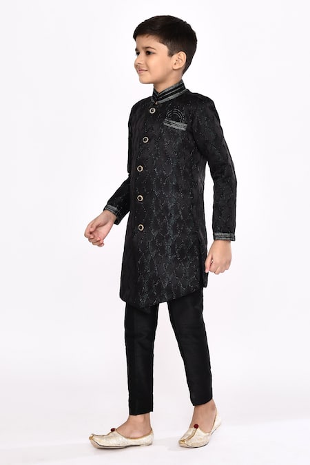 Petite Pomme_Black Silk, Jacquard Embroidery Zari Work Sherwani And Pyjama Set _at_Aza_Fashions