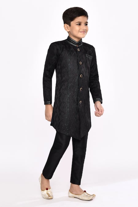 Buy_Petite Pomme_Black Silk, Jacquard Embroidery Zari Work Sherwani And Pyjama Set 