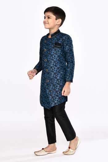 Shop_Petite Pomme_Blue Satin, Silk Sequins, Embroidery Geometric Pattern Sherwani And Pyjama Set _Online_at_Aza_Fashions