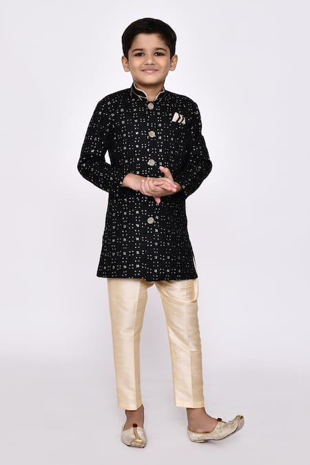 Buy_Petite Pomme_Black Silk Sequins Embroidered Sherwani And Pyjama Set _Online_at_Aza_Fashions