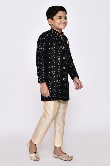 Petite Pomme_Black Silk Sequins Embroidered Sherwani And Pyjama Set _at_Aza_Fashions