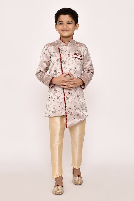 Petite Pomme Floral Thread Embroidered Asymmetric Sherwani With Pyjama 