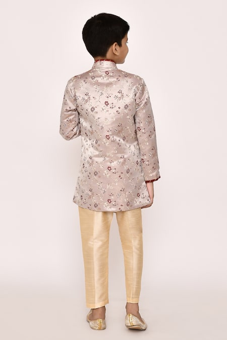 Petite Pomme Floral Thread Embroidered Asymmetric Sherwani With Pyjama 