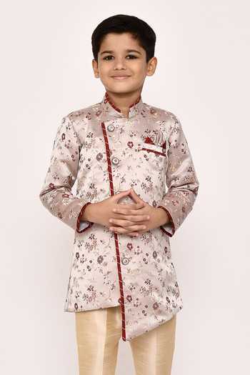 Buy_Petite Pomme_Grey Brocade, Silk Embroidery Floral Thread Asymmetric Sherwani With Pyjama _Online_at_Aza_Fashions