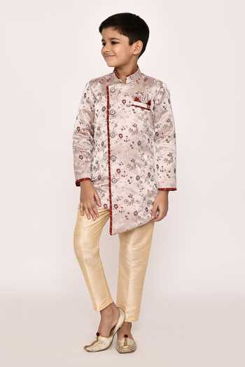 Shop_Petite Pomme_Grey Brocade, Silk Embroidery Floral Thread Asymmetric Sherwani With Pyjama _Online_at_Aza_Fashions