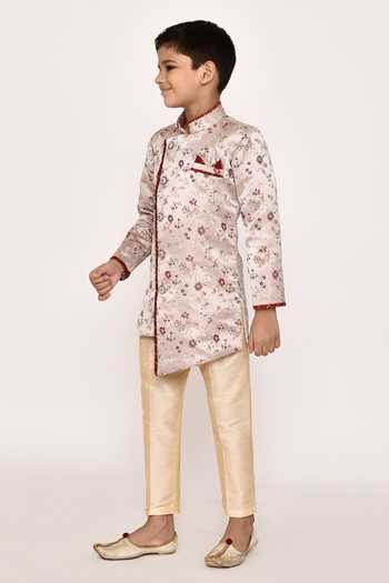 Petite Pomme_Grey Brocade, Silk Embroidery Floral Thread Asymmetric Sherwani With Pyjama _at_Aza_Fashions