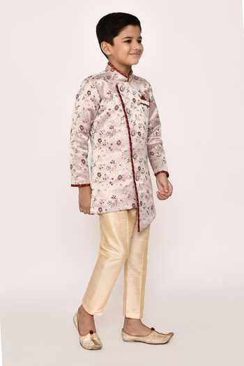 Buy_Petite Pomme_Grey Brocade, Silk Embroidery Floral Thread Asymmetric Sherwani With Pyjama 