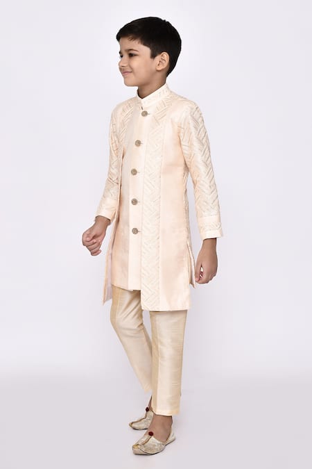 Shop_Petite Pomme_Cream Silk Embroidery Attached Jacket Sherwani With Pyjama _Online_at_Aza_Fashions
