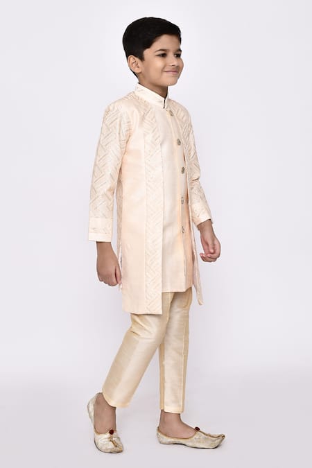 Petite Pomme_Cream Silk Embroidery Attached Jacket Sherwani With Pyjama _at_Aza_Fashions