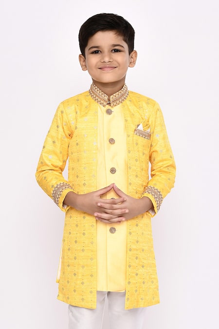 Buy_Petite Pomme_Yellow Silk Sequins Embroidered Attached Jacket Sherwani With Pyjama _Online_at_Aza_Fashions