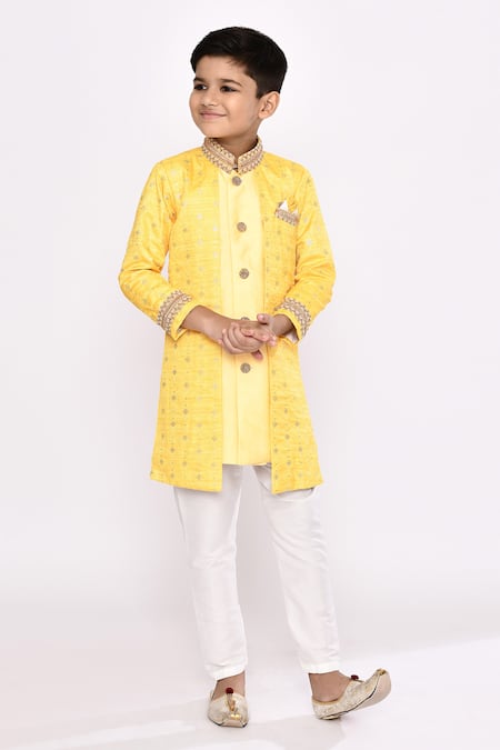 Shop_Petite Pomme_Yellow Silk Sequins Embroidered Attached Jacket Sherwani With Pyjama _Online_at_Aza_Fashions