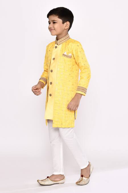 Petite Pomme_Yellow Silk Sequins Embroidered Attached Jacket Sherwani With Pyjama _at_Aza_Fashions