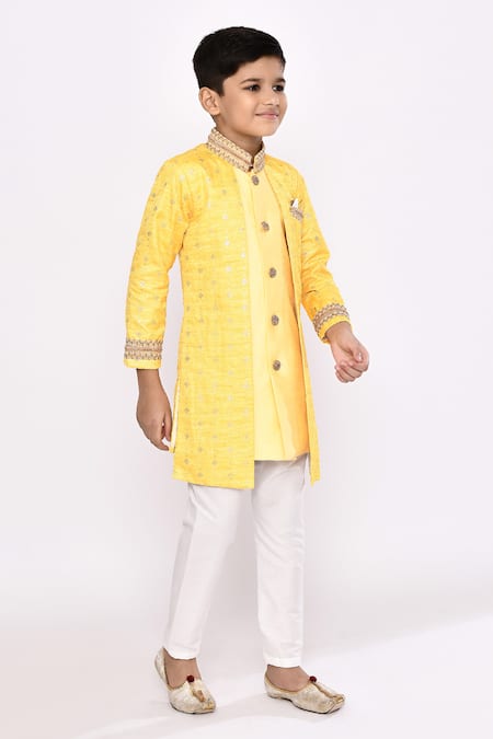 Buy_Petite Pomme_Yellow Silk Sequins Embroidered Attached Jacket Sherwani With Pyjama 