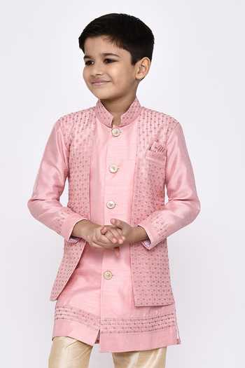 Shop_Petite Pomme_Pink Silk Sequins Floral Embroidered Sherwani With Pyjama _Online_at_Aza_Fashions