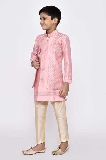 Petite Pomme_Pink Silk Sequins Floral Embroidered Sherwani With Pyjama _at_Aza_Fashions