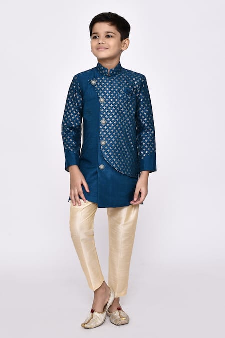 Petite Pomme Blue Silk Sequins Embroidered Overlapping Sherwani With Pyjama 