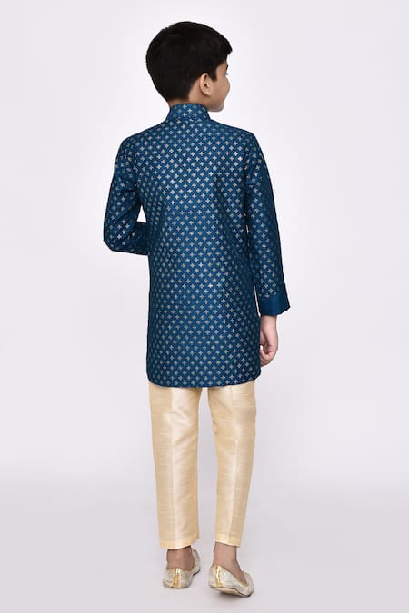 Shop_Petite Pomme_Blue Silk Sequins Embroidered Overlapping Sherwani With Pyjama _at_Aza_Fashions