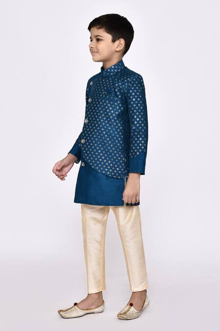 Shop_Petite Pomme_Blue Silk Sequins Embroidered Overlapping Sherwani With Pyjama _Online_at_Aza_Fashions
