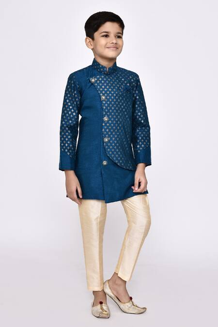 Petite Pomme_Blue Silk Sequins Embroidered Overlapping Sherwani With Pyjama _at_Aza_Fashions