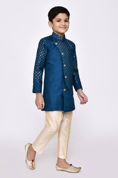 Buy_Petite Pomme_Blue Silk Sequins Embroidered Overlapping Sherwani With Pyjama 