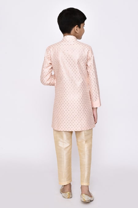 Shop_Petite Pomme_Peach Silk Sequins Embroidered Overlapping Sherwani With Pyjama _at_Aza_Fashions