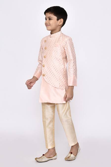 Buy_Petite Pomme_Peach Silk Sequins Embroidered Overlapping Sherwani With Pyjama _Online_at_Aza_Fashions