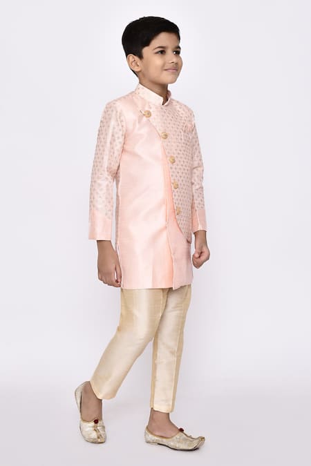 Shop_Petite Pomme_Peach Silk Sequins Embroidered Overlapping Sherwani With Pyjama _Online_at_Aza_Fashions