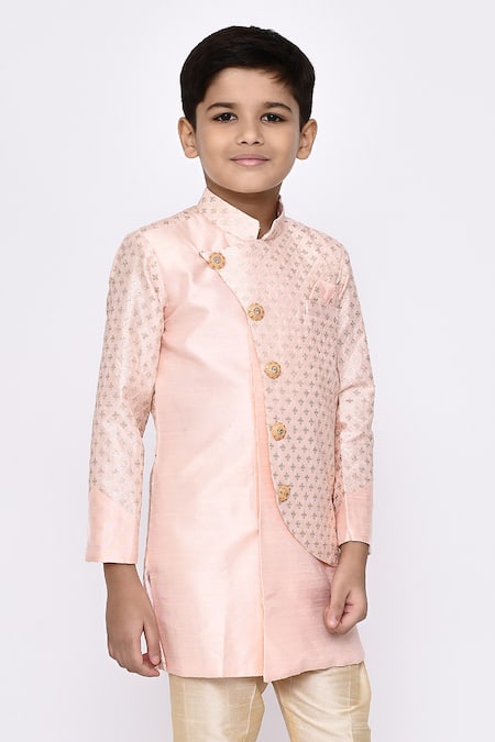 Petite Pomme Peach Silk Sequins Embroidered Overlapping Sherwani With Pyjama at Aza Fashions Petite Pomme_Peach Silk Sequins Embroidered Overlapping Sherwani With Pyjama _at_Aza_Fashions