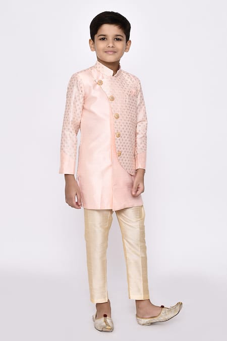 Buy_Petite Pomme_Peach Silk Sequins Embroidered Overlapping Sherwani With Pyjama 