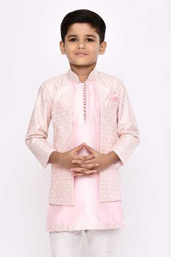 Buy_Petite Pomme_Pink Silk, Brocade Sequins, Embroidery Jacket Sherwani With Pyjama _Online_at_Aza_Fashions