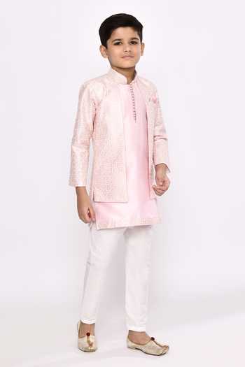 Shop_Petite Pomme_Pink Silk, Brocade Sequins, Embroidery Jacket Sherwani With Pyjama _Online_at_Aza_Fashions
