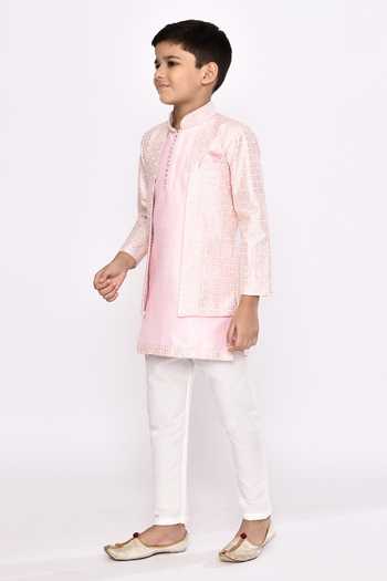 Petite Pomme_Pink Silk, Brocade Sequins, Embroidery Jacket Sherwani With Pyjama _at_Aza_Fashions