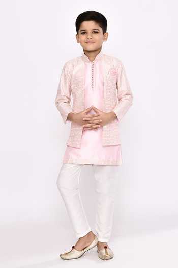 Buy_Petite Pomme_Pink Silk, Brocade Sequins, Embroidery Jacket Sherwani With Pyjama 